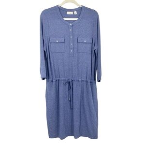 LL Bean Women Size Large Dress Blue Long Sleeve Tie 1/2 Button Jersey Stretch